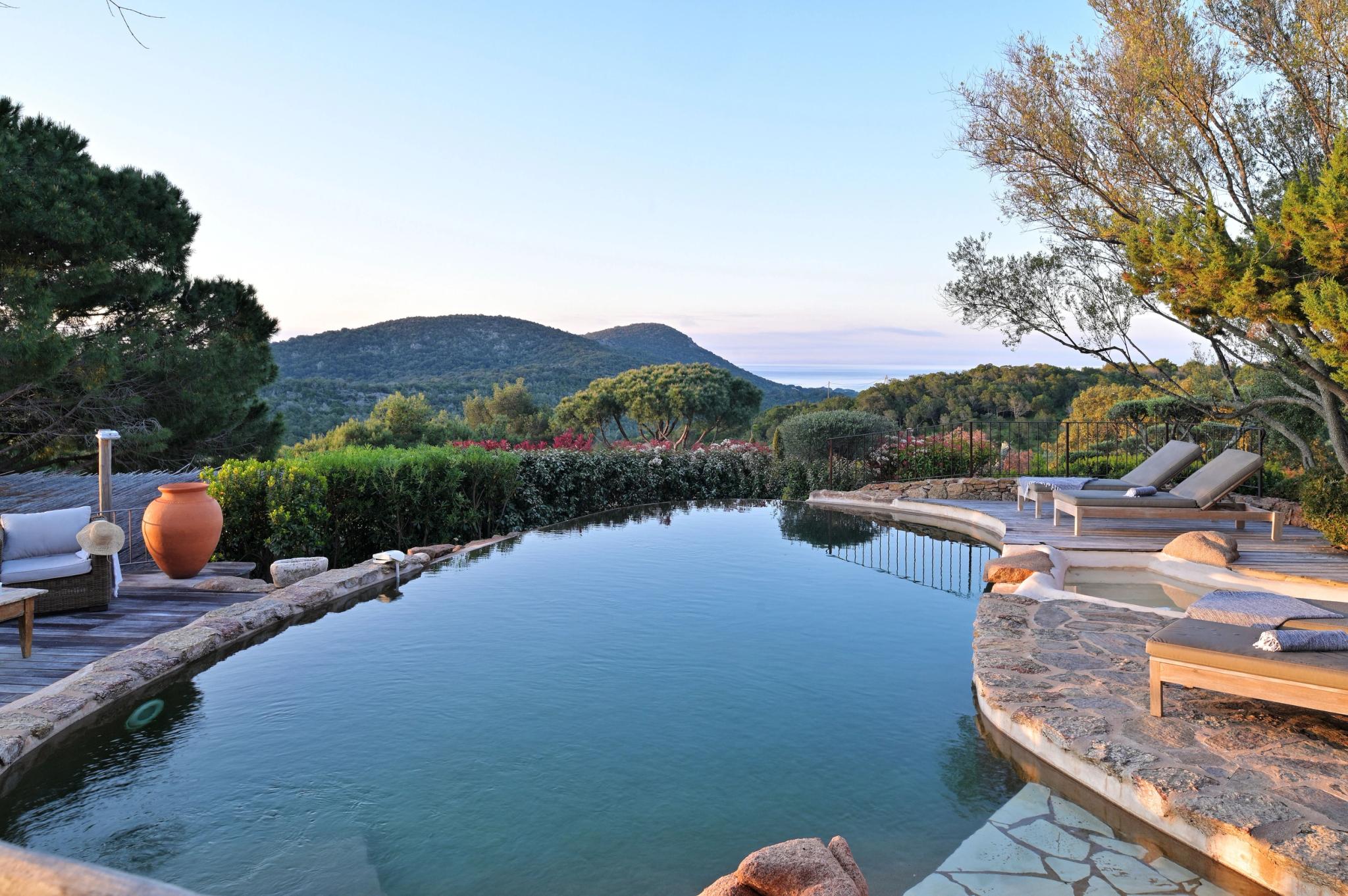 Piscine avec transats au milieu d'espaces verts aux Oliviers de Palombaggia en Corse-du-Sud.